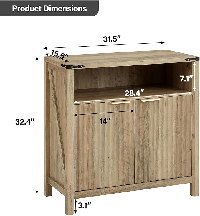 32 Inch Fluted Sideboard Buffet Cabinet with Storage, Modern Farmhouse Accent Credenza with Adjustable Shelves, Coffee Wine Bar for Kitchen, Living Room (Sunwashed Ash Oak, Set of 2)