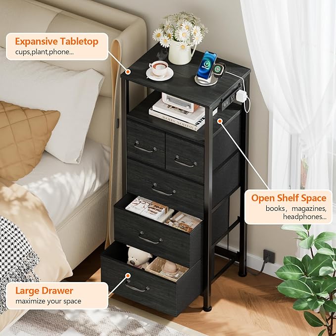 Furnulem Dresser for Bedroom, Tall Nightstand, Vertical Chest with Wood Top, Charging Station, LED Lights, 5 Fabric Bins, Bedside Table with Shelf, Furniture for Entryway (5 Drawer, Black Oak)