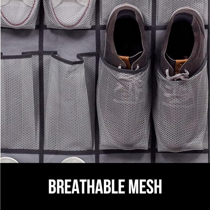 GORILLA GRIP Over the Door Shoe Organizer, 2 Pack, 24 Breathable Mesh Pockets, Space Saving Hanging Storage Holder, Closet Rack Hanger Holds Up to 40 lbs, Hangs on Closets, Shoes, Accessories, Gray-NeatNest
