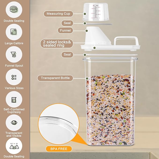 Air Tight Cereal Container Organizer Set of 2-2900ML Total 196oz, Dry Food Storage for Pet Food, Rice, Oatmeal with Pour Spout Lid & Small Plastic Measuring Cup for Flour and Sugar