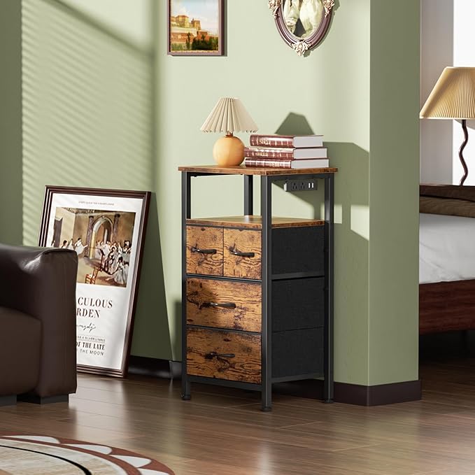 Furnulem Dresser for Bedroom, Tall Nightstand, Bedside Table with Charging Station, LED Light, Fabric Bins, Night Stand with Wood Shelf, Small Furniture for Entryway, 33 Inch (4 Drawer, Rustic Brown)