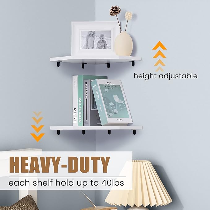 Corner Shelf Wall Mount, Floating Corner Shelves, Set of 2 Corner Wall Shelf Organizer, Rustic Wood Wall Storage Display Shelves for Living Room Bedroom Bathroom Kitchen, Rustic White-NeatNest