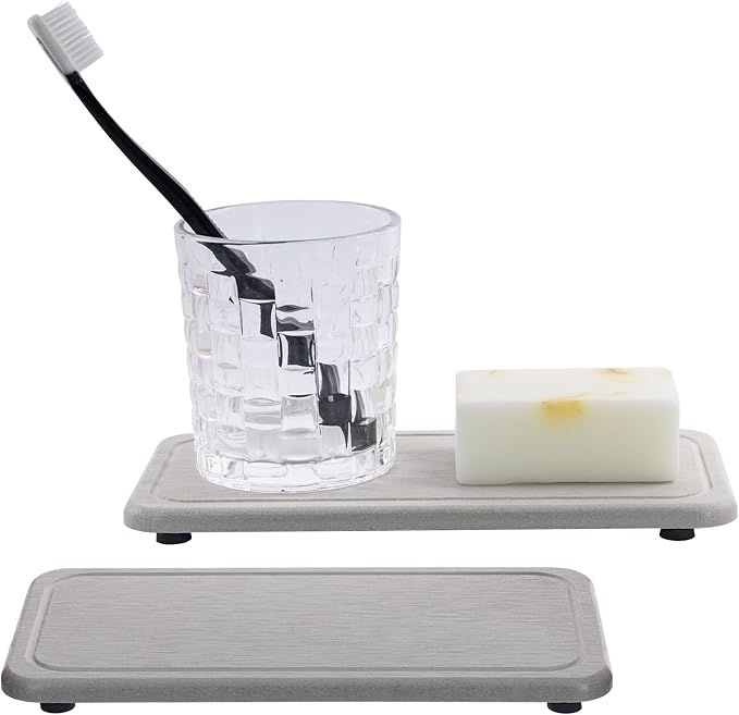 2 Pcs Water Absorbing Stone Trays, Kitchen/Bathroom Sink Soap Dish, Diatomite Tray Used for Hand Soap & Cosmetic Bottles in The Modern Home, 4" W x 8.3" L, Gray-NeatNest