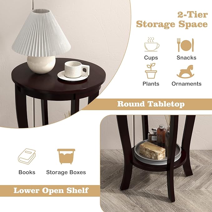 Giantex Round End Tables Set of 2, 2 Tier Side Table with Storage Shelf and Solid Wood Legs, 18" x 18" Accent Table for Corner Small Spaces, Compact Night Stand for Living Room Bedroom, Espresso