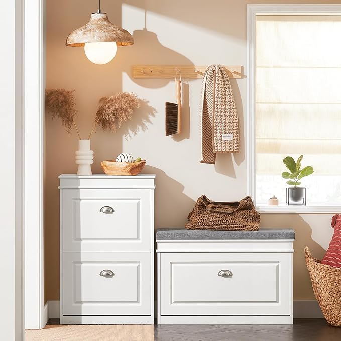 Haotian Shoe Storage Bench with Cushion, White Narrow Shoe Rack for Entryway, Small Shoe Cabinet with 2 Tiers Flip-Drawer, Closet Hallway Mudroom FSR82-L-W-NeatNest