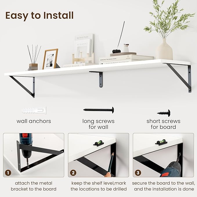 Fun Memories Deep Floating Shelves for Wall, 55W x 8D Wall Mounted Shelves Set of 2, Wide Display Ledge Shelf with Sturdy Metal Brackets for Living Room, Bathroom, Bedroom and Kitchen, White-NeatNest
