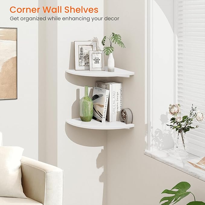 Homode Corner Wall Shelf, 12 in Wide Rounded Corner Shelf Floating, Set of 2 Wooden Hanging Corner Shelves with Wire Hole for Bathroom Living Room Office, White