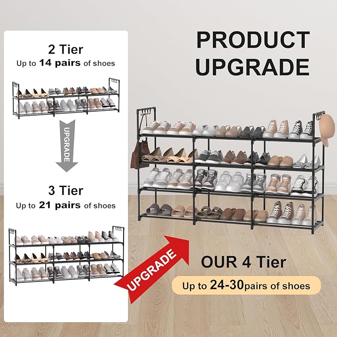 3-Row 4-Tier Shoe Rack, Black Metal Stackable Shoe Shelf with Multifunctional Hooks, Hold 24-30 Pairs, Space Saving Shoes Organizer for Closet,Show Rack-NeatNest