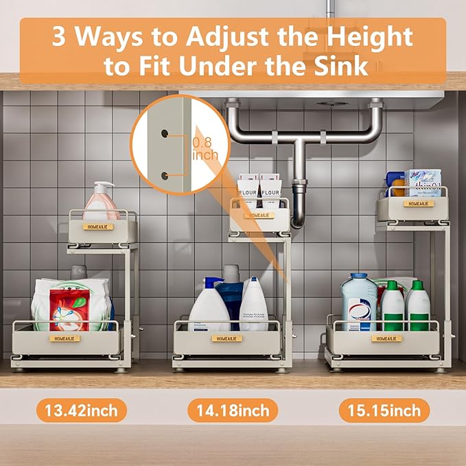 Under Sink Organizer, High Adjustable 2 Tier Under Kitchen Sink Organizer, Multi-Purpose Storage Shelf for Kitchen Bathroom Cabinet, Gray-NeatNest