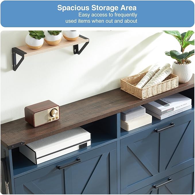 Shoe Storage Cabinet,Farmhouse Shoe Organizer with 4 Flip Drawers & Barn Door Design,Freestanding Hidden Slim Narrow Shoe Rack Cabinet with Open Shelves for Entryway,Foyer,Hallway,Blue-NeatNest