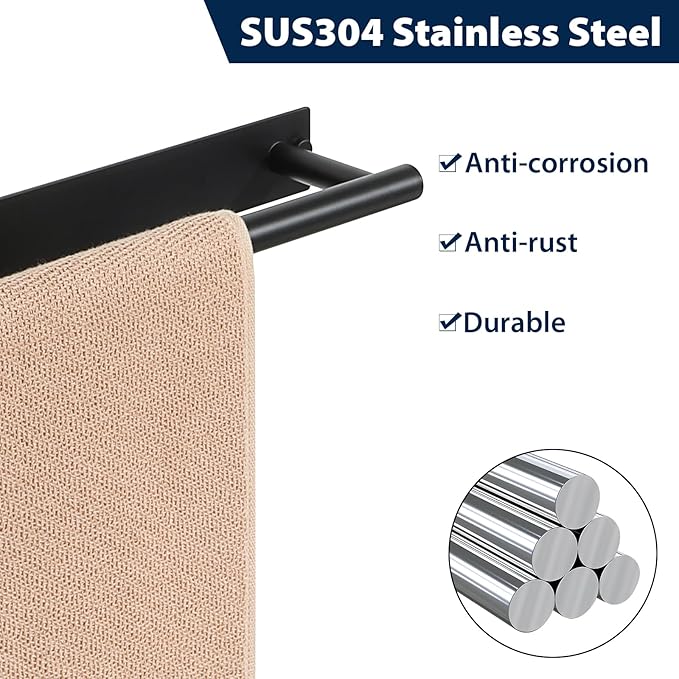 Alise Bath Towel Bars, 16 Inch Towel Hanger Towel Racks for Bathroom, SUS304 Stainless Steel Hand Towel Holder, Wall Mount with Self-Adhesive or Drilling, Matte Black