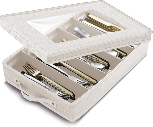 Flatware & Utensil Storage, Durable Silverware Storage Box with Padded Dividers, 5 Compartment Flatware Storage Case, Silverware Case with Handles, Protects and Organizes Cutlery, Cream-NeatNest