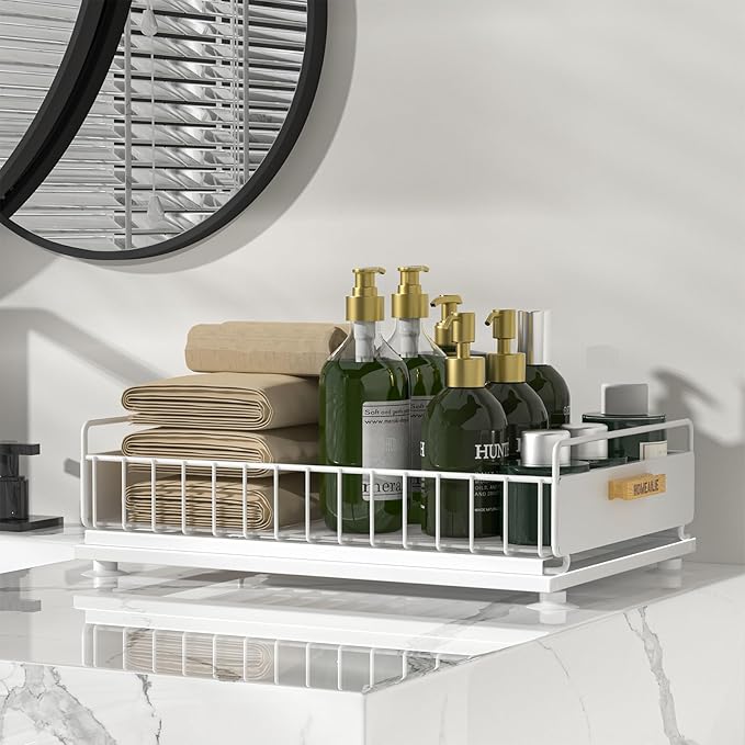 Under Sink Organizer, Single Tier Metal Pull Out Sliding Drawer Shelf for Kitchen Bathroom Cabinet Storage, Sturdy Rack – White-NeatNest