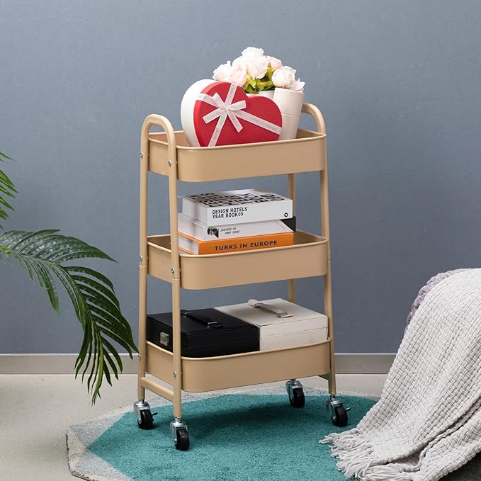 AGTEK Makeup Cart, Movable Rolling Organizer Cart, 3 Tier Metal Utility Cart with Lockable Wheels for Home & Office, Golden-NeatNest