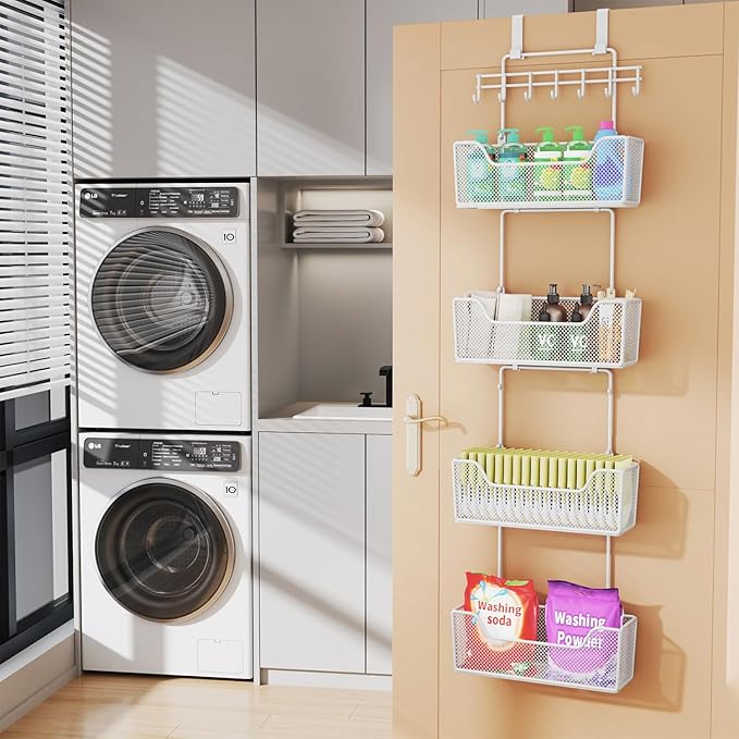 HapiRm Over Door Organizer Storage - Hanging Door Organizer with 4 Metal Large Capacity Baskets and Adjustable Coat Hook for Bathroom Bedroom Kitchen Pantry Closet Cabinet-NeatNest