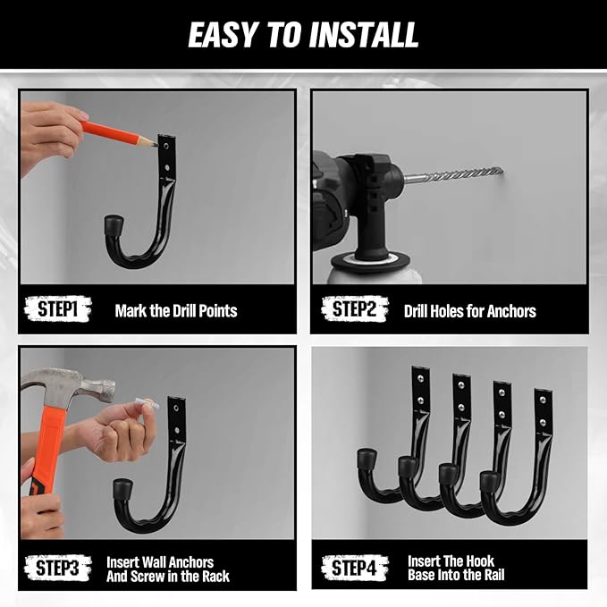 Heavy Duty Garage Storage Hooks, 12-piece Bike Hooks for Garage Wall, Utility Garage Hooks, Wall Mount J Hook for Hanging, Large Metal Storage Organizer Tool, Extension Cord Hanger-NeatNest