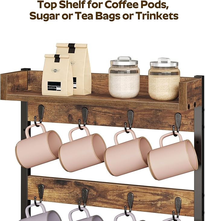 Coffee Mug Holder Stand, 3 Tier Mug Tree Rack, Hanging 12 Cups, with Top Shelf, for Kitchen, Dining Room, Living Room, Cafe, Rustic Brown MH42BR-NeatNest