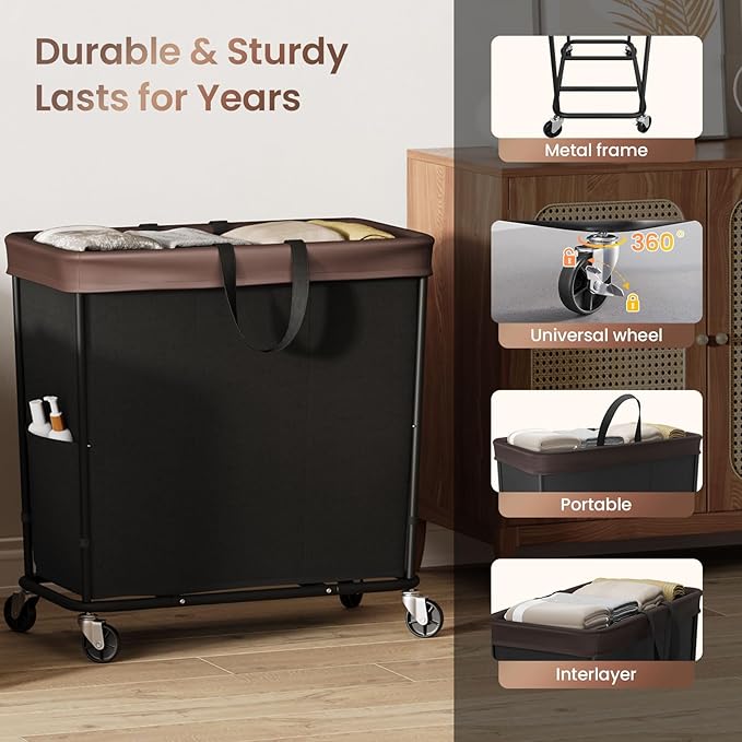 320L Laundry Basket with Wheels, 3-Section Rolling Hamper for Laundry, Extra Large Laundry Hamper with Wheels, Clothes Hamper Rolling Laundry Basket for Home, Bathrooms and Dorm(Black)
