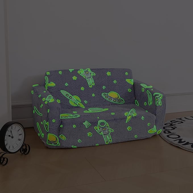 Foldable Kids Sofa,Soft Kids Fold Out Couch Glow in The Dark,Convertible Sofa to Lounger Toddler Sofa Chair(Space-NeatNest