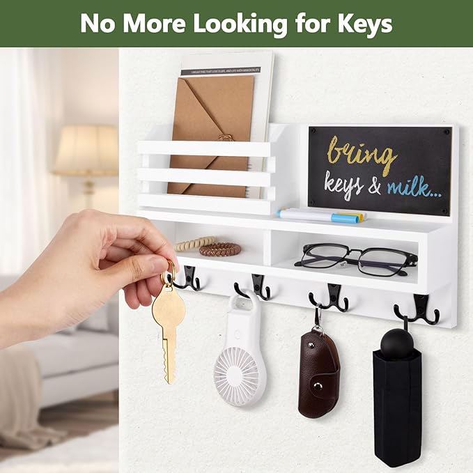 Key Holder for Wall, Wall Mounted Mail Holder Wooden with Shelf & 3 Liquid Chalks & Chalkboard, Mail Sorter Organizer, Rustic Home Decor - Entryway Living Room (15.98”W x 9.1”H x 3.3”D), White