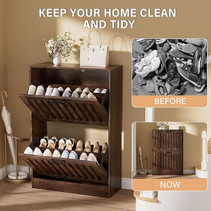 Shoe Storage Cabinet for Entryway with 2 Flip Drawers, Wooden Shoe Organizer with Adjustable Shelf, Freestanding Wood Fluted Panel Shoes Cabinet Closed Shoe Rack for Hallway, Foyer, Walnut-NeatNest