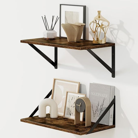 Fun Memories Deep Floating Shelves for Wall, 16W x 8D Wall Mounted Shelves Set of 2, Wide Display Ledge Shelf with Sturdy Metal Brackets for Living Room, Bathroom, Bedroom and Kitchen, Rustic Brown-NeatNest