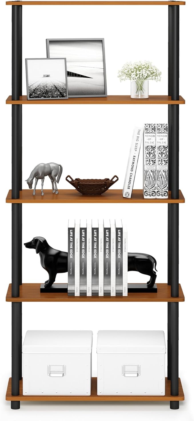 Furinno Turn-N-Tube 5-Tier Multipurpose Shelf / Display Rack / Storage Shelf / Bookshelf, Round Tubes, Light Cherry/Black-NeatNest