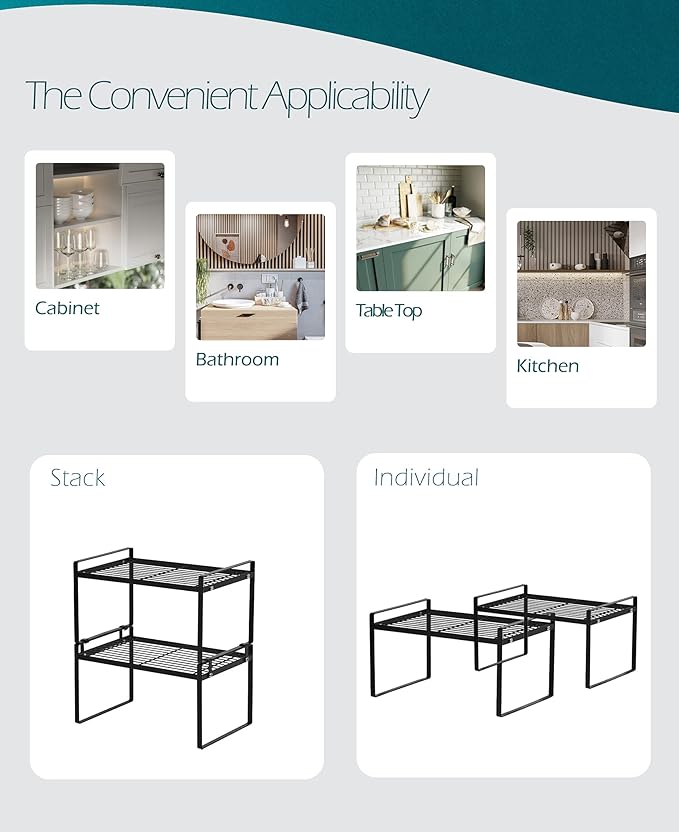 2 Pack Kitchen Cabinet Shelf Counter Organizer Rack Pantry Storage Bathroom Bedroom Office Table Desk Space Saving Steel Frame Stackable Rust Resistant Non Slip Black-NeatNest