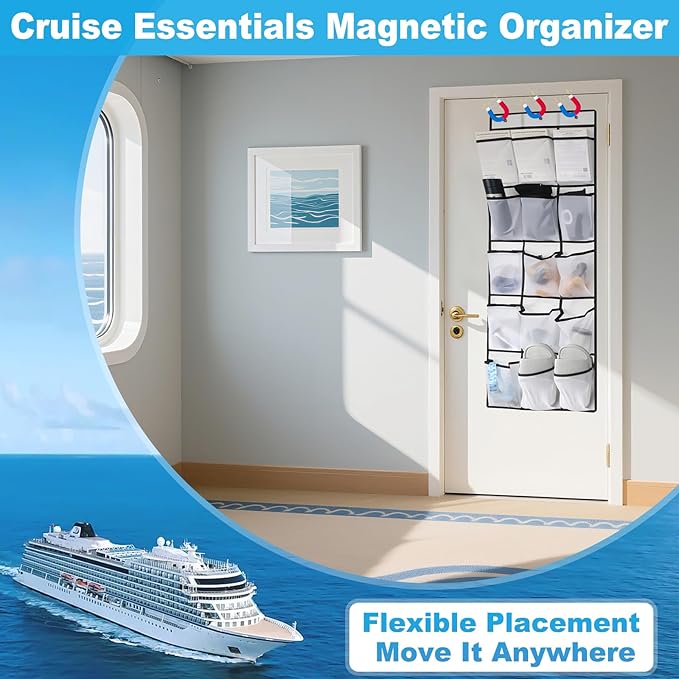 Cruise Magnetic Door Organizer with Hooks – 15 Large Pockets, Strong Anti-Scratch Magnets, Over-the-Door Cruise Essentials Storage for Cruise Cabins-NeatNest