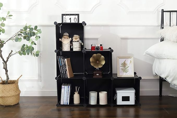 YCOCO Cube Storage Organizer 6-Cube Closet Storage Shelves with Wooden Mallet,Closet Cabinet Bookshelf,Plastic Square Cube Storage for Home,Office, Kids Room,Black