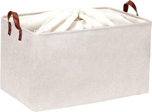 DULLEMELO Large Beige Storage Basket 70L Oversized Canvas Fabric Storage Bin, Collapsible Rectangular Toys Basket Organizer with Handles, 22X15 Storage Container for Clothes, Blankets, Pillows-NeatNest
