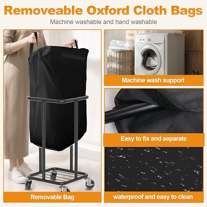 Laundry Basket with Wheels, Rolling Laundry Hamper, 30 Gal.(115L), Removable and Machine Washable Liner, Steel Frame, Tall Laundry Cart for Laundry Room, Bedroom, Bathroom, Dorm Storage -Black