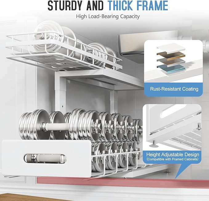 2 Pack 18 IN Depth Under Sink Organizer with Smooth Ball Bearing Slides,2-Tier Pull Out Cabinet Storage,Slide Out Drawers for Bathroom&Kitchen,Rust-resistant Coating,Height Adjustable-White-NeatNest