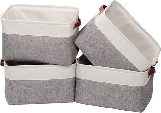 Univivi 15 inch Large Storage Baskets 4PC Gray Hard Bottom Foldable Storage Bins with PU Handles for Shelf Rectangle Fabric Baskets for Organizing (15”X10.5”X9.5”)-NeatNest