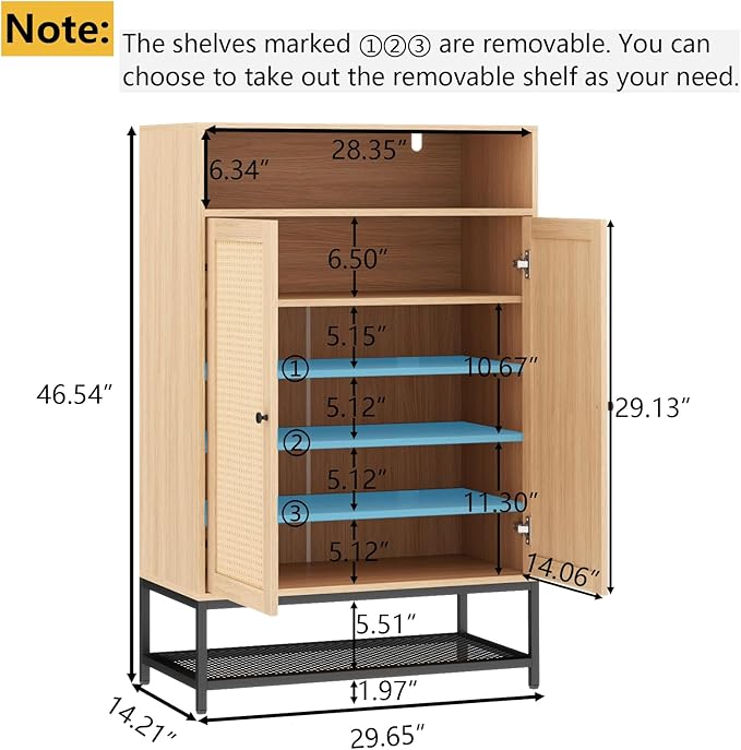 Rattan Shoe Organizer with Doors, Shoe Storage Cabinet with Adjustable Shelves for Entryway, 7-Tier Entryway Shoe Rack Storage for Hallway, Closet, Living Room-NeatNest