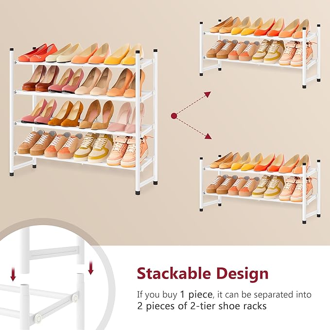Tajsoon Expandable Shoe Rack for Closet 4 Tier, 29“-41“Adjustable & Stackable Shoe Shelf Storage, Metal Shoe Rack Organizer for Front Door Entrance, Closet, Garage, Entryway, White-NeatNest