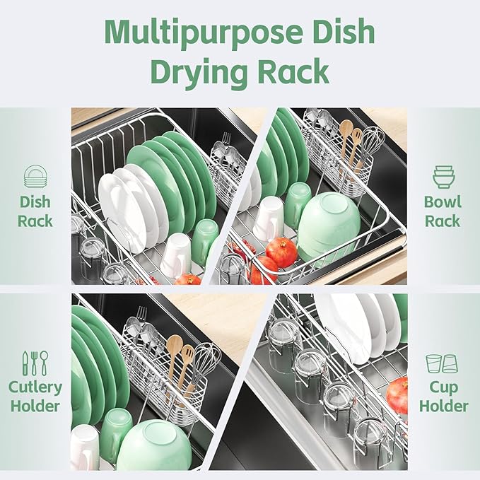 Small Dish Drying Rack in Sink, Extendable Stainless Steel Dish Drainers for Kitchen Counter, Anti-Rust Dish Dryer Rack with Utensil & Cup Holders, for Inside Sink, Over The Sink(for 1-2 People)