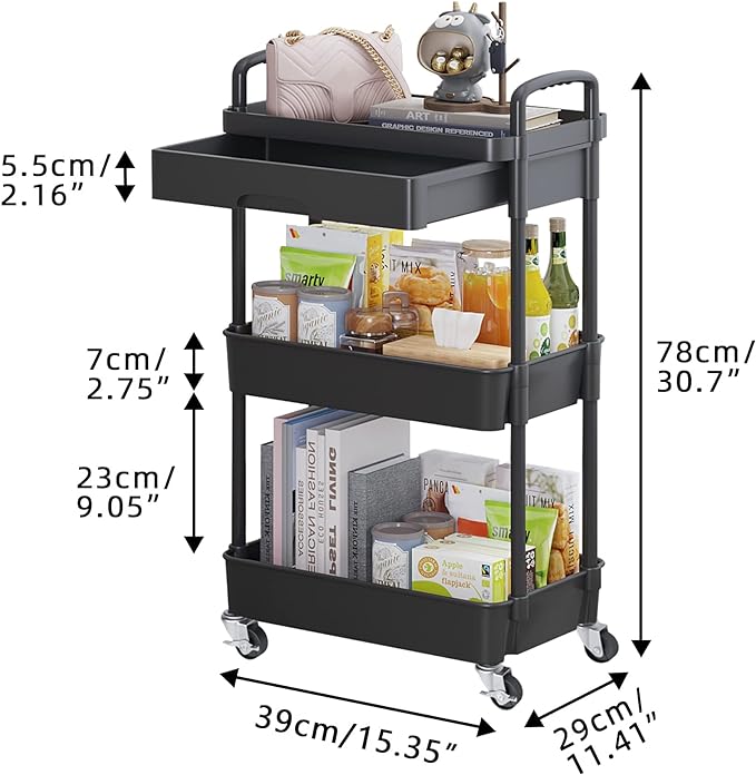 Calmootey 3-Tier Rolling Utility Cart with Drawer,Multifunctional Storage Organizer with Plastic Shelf & Metal Wheels,Storage Cart for Kitchen,Bathroom,Living Room,Office,Black-NeatNest