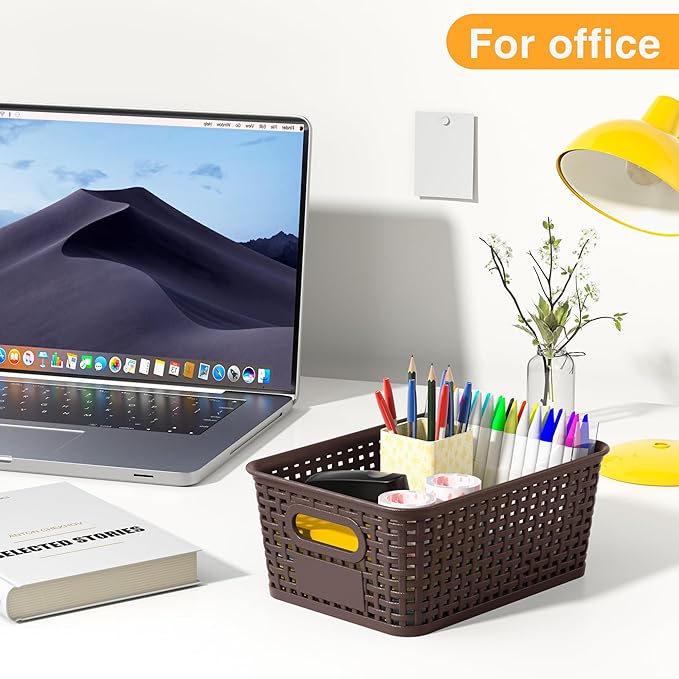 Brown Plastic Storage Baskets - Pack of 8 with Labels Stackable Durable Storage Bins, Storage Containers for Organizing Desktops, Closets, Playrooms, Classrooms, Offices-NeatNest