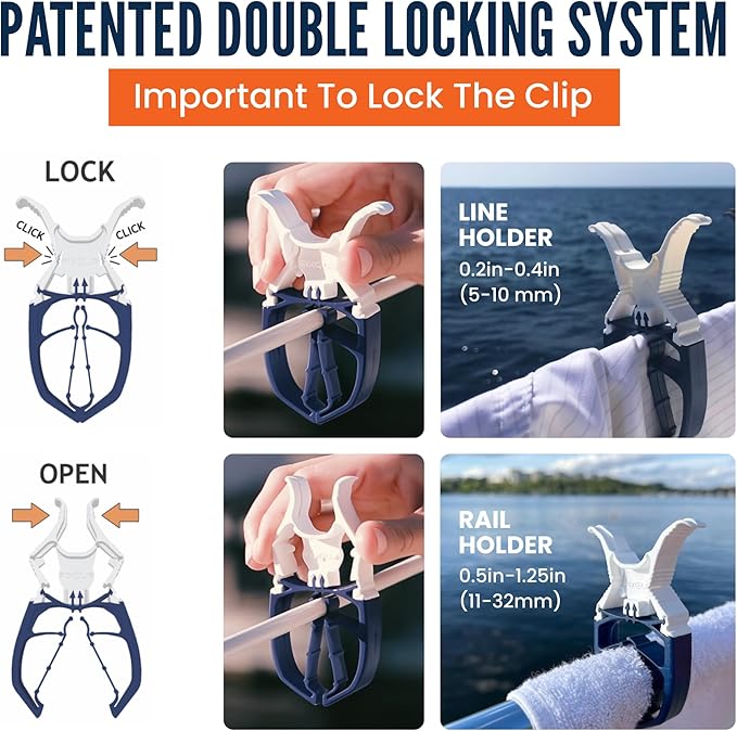 Navy Blue 6-Pack - Storm Proof & Lockable Clothespin - Large Clips fit Lines & Rails - Multi-Purpose Towel Clips for Boat Accessories, Chairs, RV, Camping, Fishing, Stroller, Balcony, Tarps