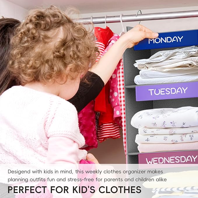 VERONLY Weekly Hanging Closet Organizer for Kids, 6-Shelf Clothes Storage with Labeled Days of The Week Monday Through Friday, Weekday and Weekend, Days of The Week Clothes Organizer-NeatNest