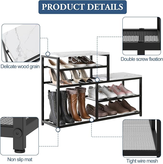 Shoe Rack Bench for Entryway,Free Standing Shoe Storage Organizer for Front Door Entrance,Boot Rack Holder Shelf for Closet with Seat,Sturdy Shoe Shelves for High Heels, Hallways,White Marble-NeatNest