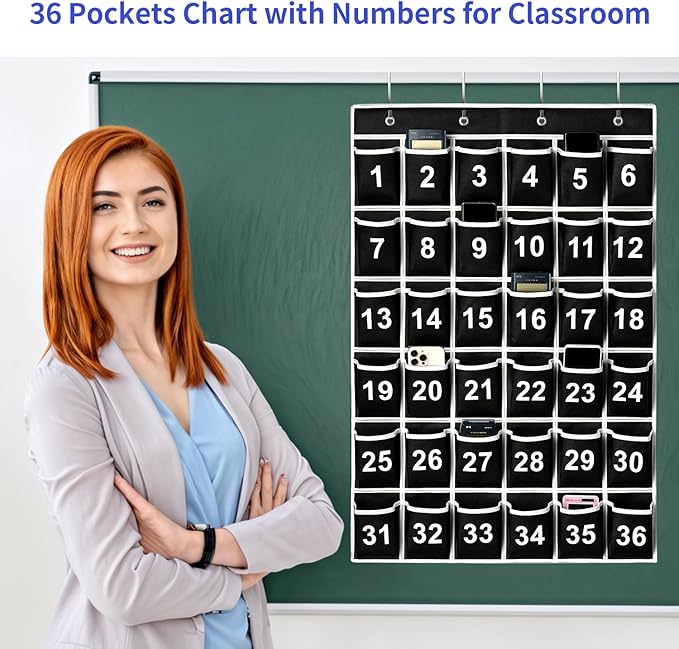 36 Pockets Black Numbered Classroom Pocket Chart for Cell Phones, Hanging Pocket Chart Storage for Classroom Phone Calculator Holder with 4 Hooks (Black-36pockets)-NeatNest
