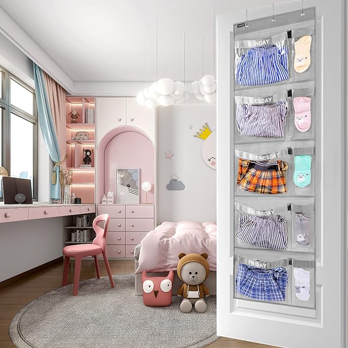 Weekly Kids Clothes Organizer Day of Week School Clothing Storage Monday to Friday Hanging Closet Organizer (Grey)-NeatNest