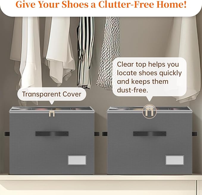 3 Pack Shoe Organizer for Closet, Foldable Shoe Storage Containers, Fits up to 24-48 Pairs, Shoe Storage Organizer Box Cubby Baskets Bins with Clear Cover and Reinforced Handles, Gray-NeatNest