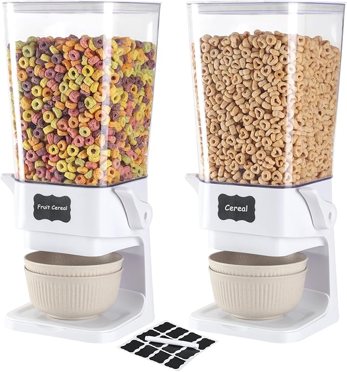 Cereal Dispenser Countertop with Cereal Bowls,16 Labels & Pen, Cereal Containers Storage, Candy Dispenser, Dry Food Dispenser For Pantry - Not Easy to Crush Food (White, 2 Pack)-NeatNest
