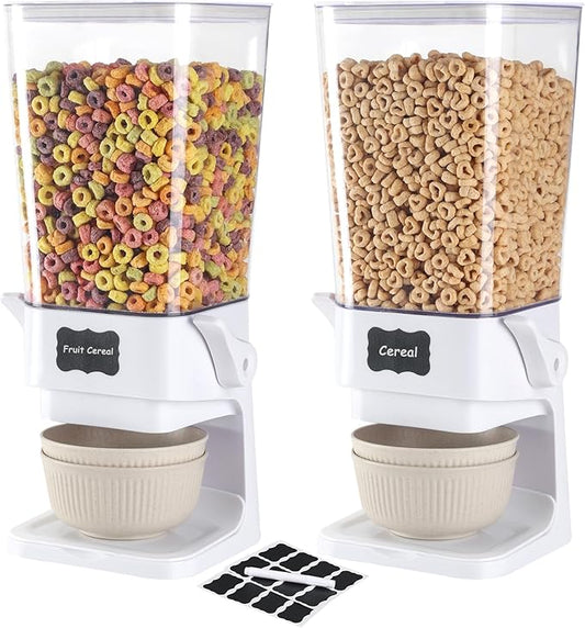 Cereal Dispenser Countertop with Cereal Bowls,16 Labels & Pen, Cereal Containers Storage, Candy Dispenser, Dry Food Dispenser For Pantry - Not Easy to Crush Food (White, 2 Pack)-NeatNest