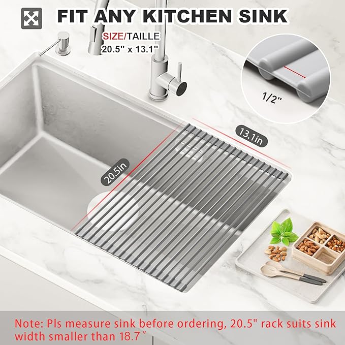 MERRYBOX Roll Up Dish Drying Rack, Over The Sink Dish Rack Foldable, Heat-Resistant, Anti-Slip Silicone Coated Dish Drainer for Kitchen Counter, Large & Multipurpose Sink Drying Rack, 20.5" x 13.1"
