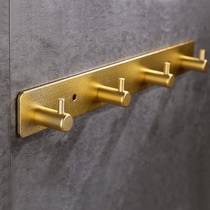 Gold 4 Wall Hooks, Brushed Gold Bathroom Hook Rail, Self Adhesive Key Hook Rack Hanger Towel Robe Stick Hooks for Toilet Entryway Hallway Kitchen Wall Mounted