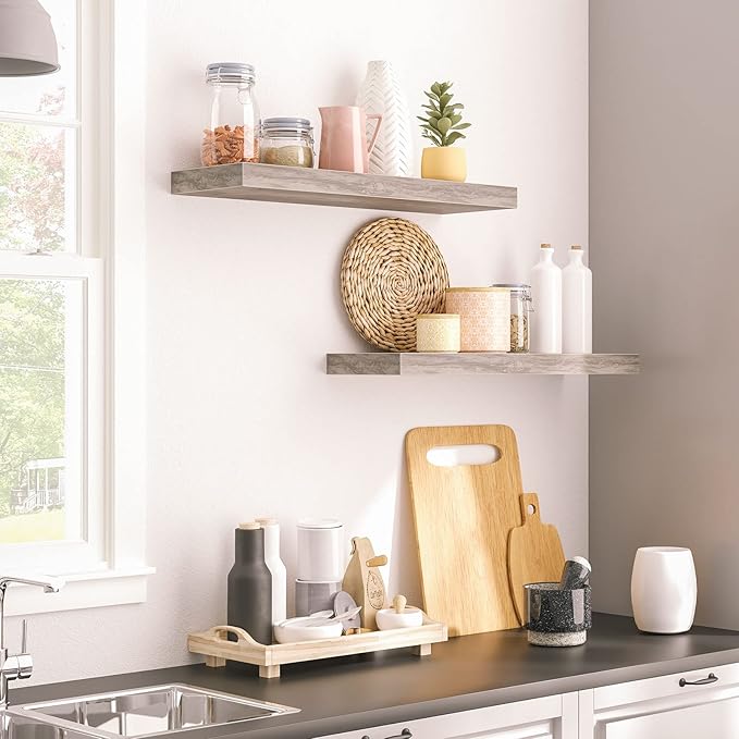 HOOBRO Floating Shelves, Wall Shelf Set of 2, 23.6 Inch Hanging Shelf with Invisible Brackets, for Wall Decor in Bathroom, Bedroom, Toilet, Kitchen, Living Room, Office, Greige BG60BJ01G1-NeatNest